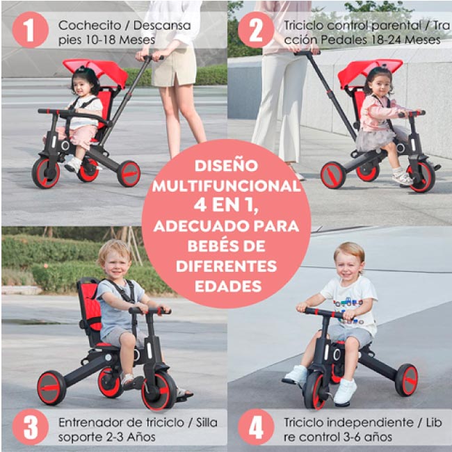 Triciclo de bebé 7 en 1, triciclo plegable para niños pequeños con mango  extraíble y ajustable, bicicleta de empuje para niños pequeños con pedal