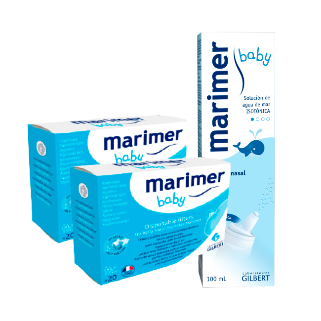 Aspirador Nasal Marimer Baby + Filtros desechables x 20 x 2 + GRATIS  Marimer Baby Isotónico Spray 100ml - Peque Ayuda