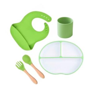 Kit plato, babero, cuchara, tenedor y vaso de silicon Verde Úpale