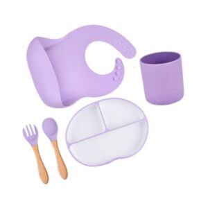 Kit plato, babero, cuchara, tenedor y vaso de silicon Lila Úpale