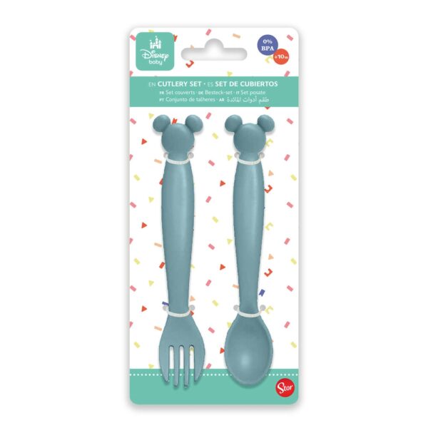 Set de cubiertos Mickey Celeste x 2 piezas (cuchara - tenedor)