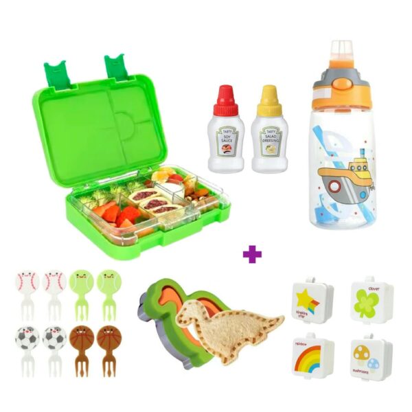 Lonchera Milé Mediana Verde Manzana 6 Divisiones Úpale + Pincho Palillo De Comida Balones x 8 unidades Úpale + Mini Botella De Salsa x 2 unidades Úpale + Contenedor De Salsa Lonchera x 4 Cuadrado Úpale + Cortador Y Sellador De Sanduche Dinosaurio Úpale + Tomatodo Submarino Termokids 500ml Úpale