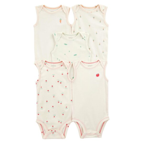 Pack de 5 bodies sin mangas con estampado de verduras para bebé - Marfil 3M