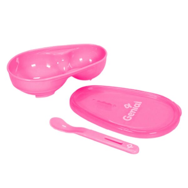 Kit Plato con Tapa + Cuchara Genial Fucsia abierto