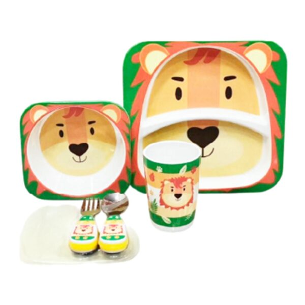 Set Genial de 5 piezas Platos + Vaso + Cubiertos León piezas