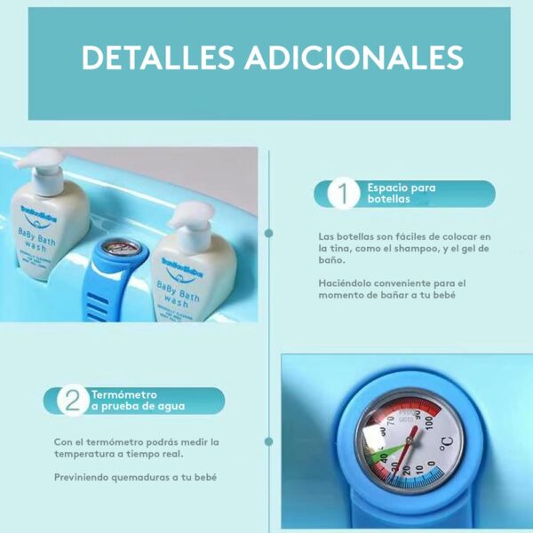 Bañera con Dispensador + Termómetro Color Celeste Creciendo juntos detalles