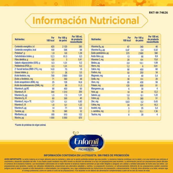 Formula Enfamil Promental 0-12 Meses Lata 375g información nutricional