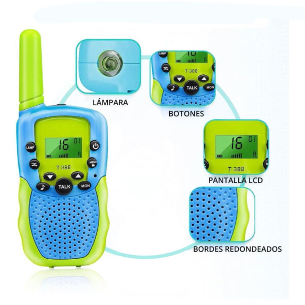 Walkie Talkie (Intercomunicador) Recargable Verde Úpale funcionamiento diseño