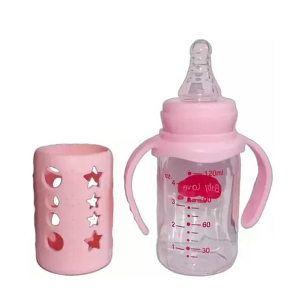 Biberón Dr Gym de Vidrio Con Agarradera 120ml Rosado abierto