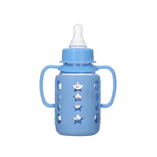 Biberón Dr Gym de Vidrio Con Agarradera 120ml Celeste abierto