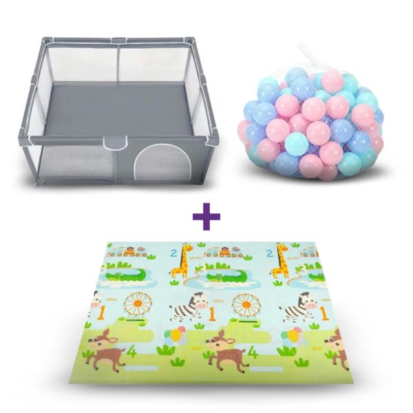 Combo corral más 90 pelotas plásticas más alfombra gancibaby