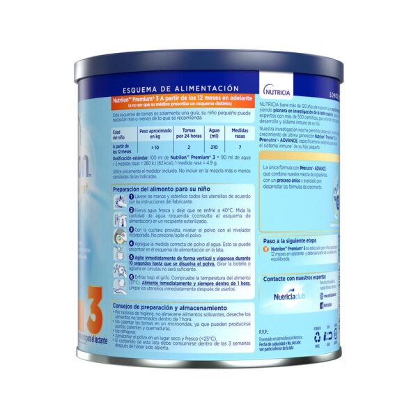 Nutrilon ® Premium+ 3 Fórmula de crecimiento, Lata de 800g nueva presentación esquema de alimentación
