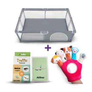 Combo Corral para bebé Funkids Gris 120x180cm Úpale + Guante Títere Fucsia Úpale + Flashcards o Tarjetas de Memoria Medios de Transporte x 36 Úpale