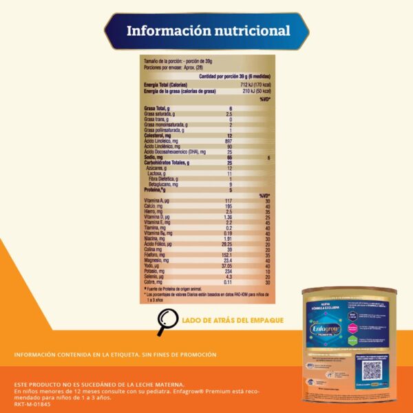 Fórmula de crecimiento Enfagrow Premium Sabor Natural Etapa 3 - Lata 375g información nutricional